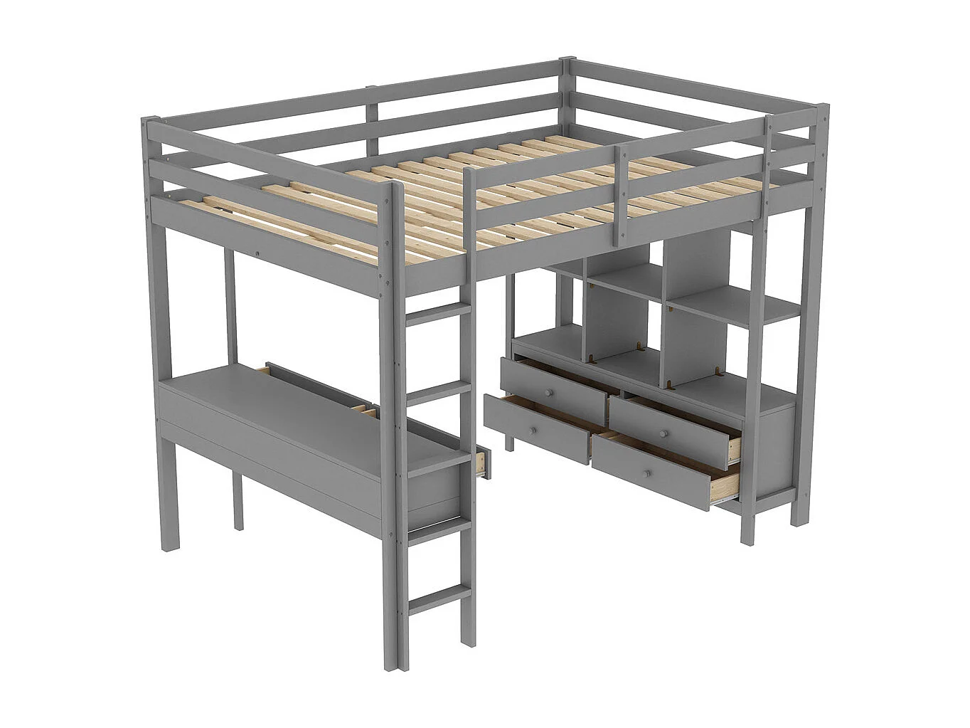 Lit mezzanine enfant 140x200cm avec tiroirs de rangement et bureau sous le lit, sans matelas, gris