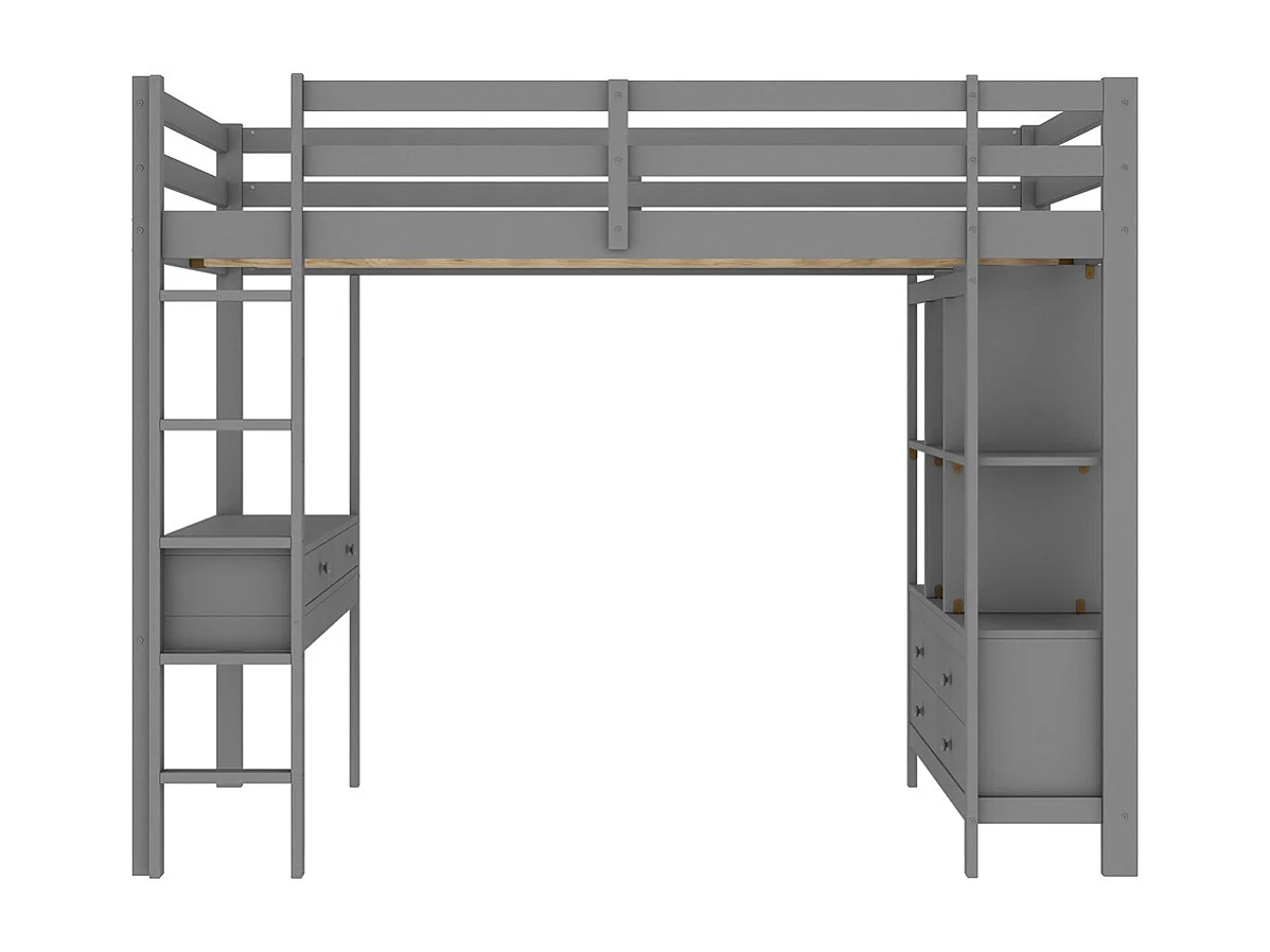 Lit mezzanine enfant 140x200cm avec tiroirs de rangement et bureau sous le lit, sans matelas, gris