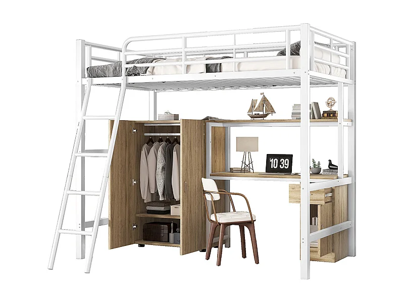 Lit en fer 90x200cm, avec table et armoire, nombreux rangements, fer+aggloméré, blanc+naturel,