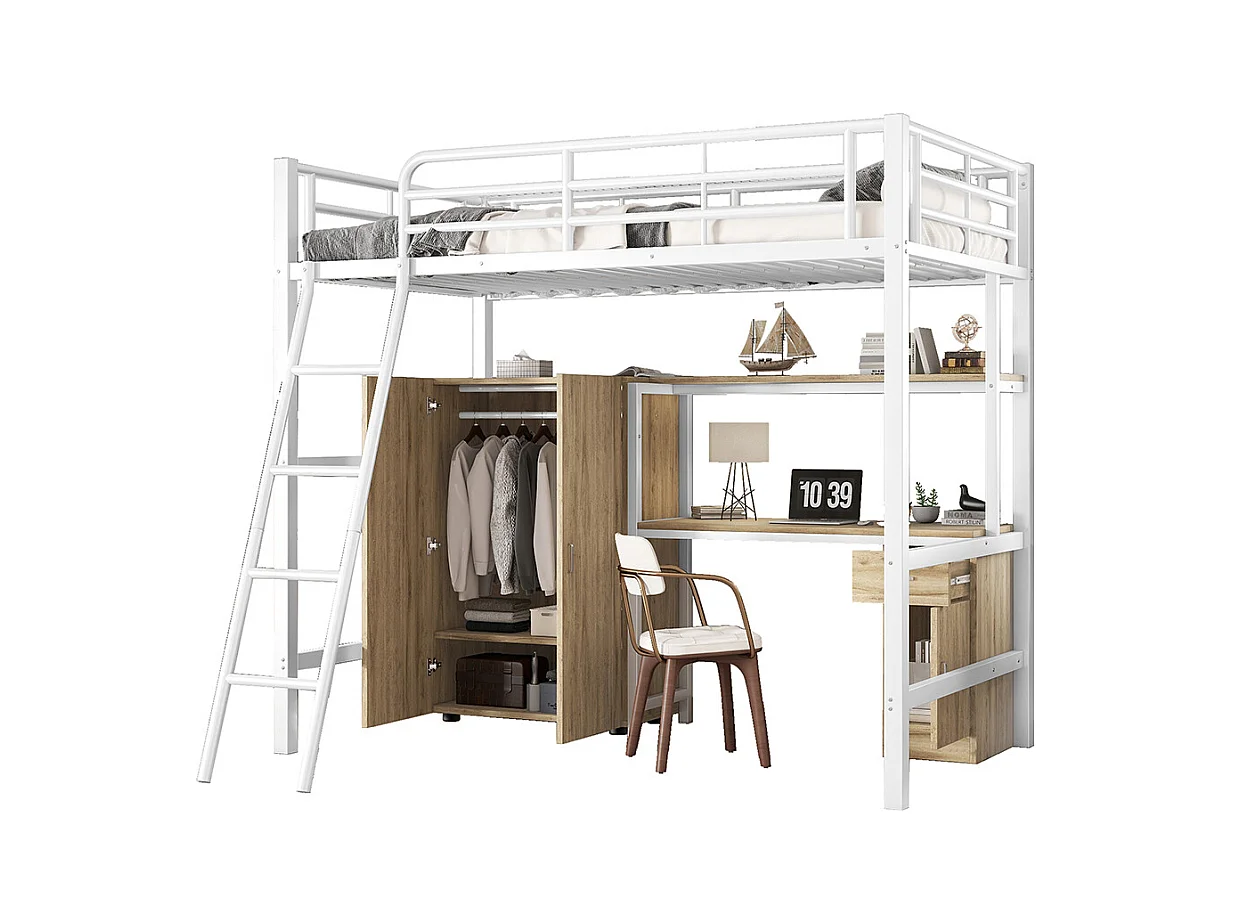 Lit en fer 90x200cm, avec table et armoire, nombreux rangements, fer+aggloméré, blanc+naturel,