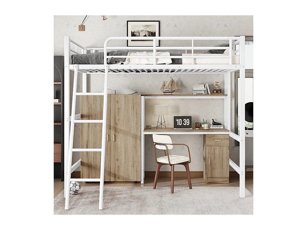 Lit en fer 90x200cm, avec table et armoire, nombreux rangements, fer+aggloméré, blanc+naturel,