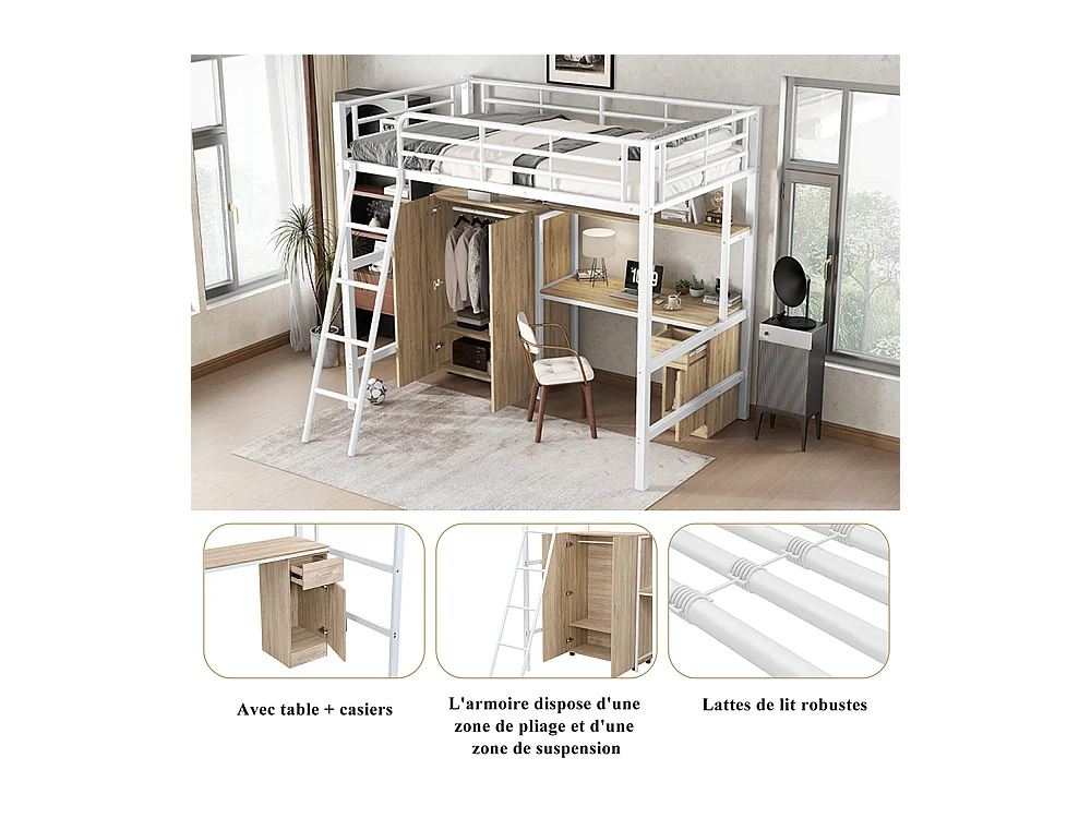 Lit en fer 90x200cm, avec table et armoire, nombreux rangements, fer+aggloméré, blanc+naturel,