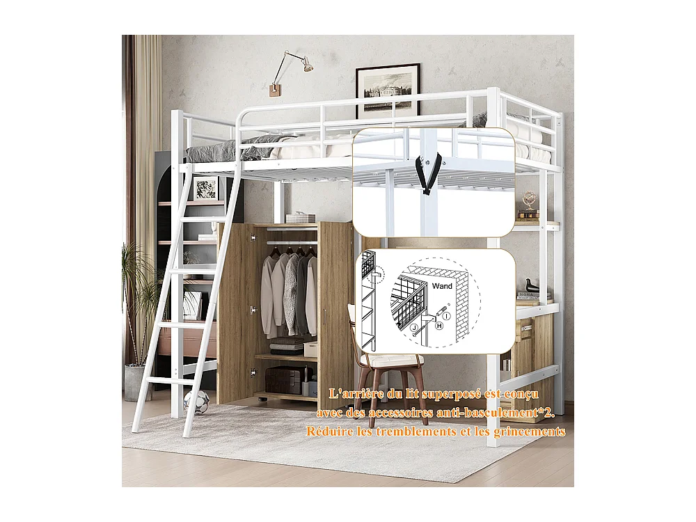 Lit en fer 90x200cm, avec table et armoire, nombreux rangements, fer+aggloméré, blanc+naturel,