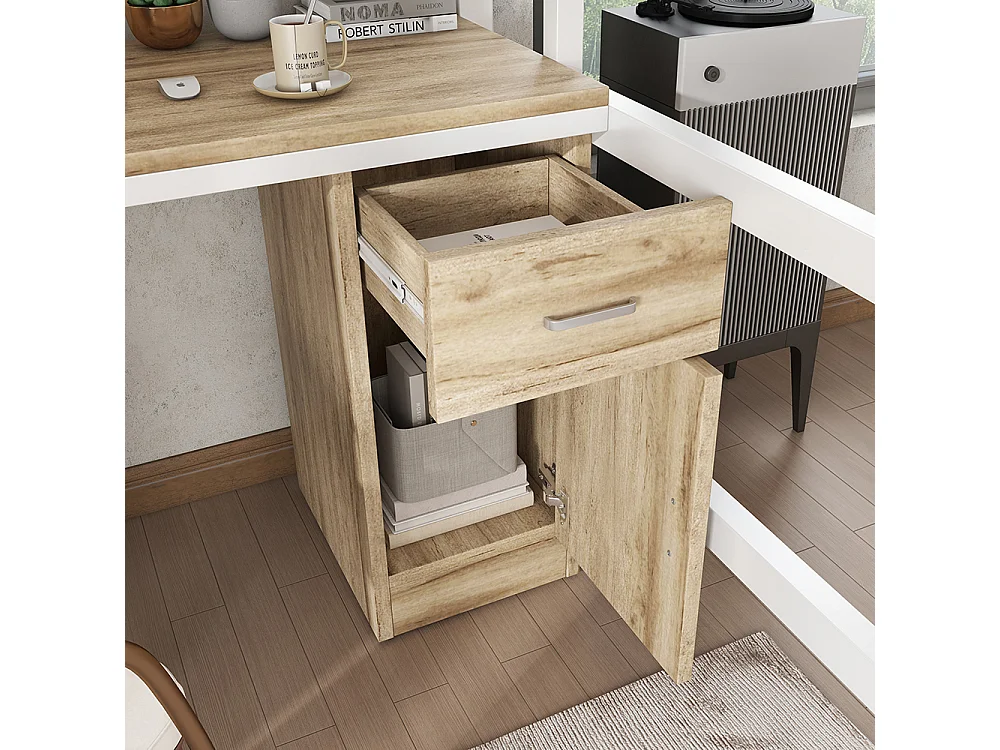 Lit en fer 90x200cm, avec table et armoire, nombreux rangements, fer+aggloméré, blanc+naturel,