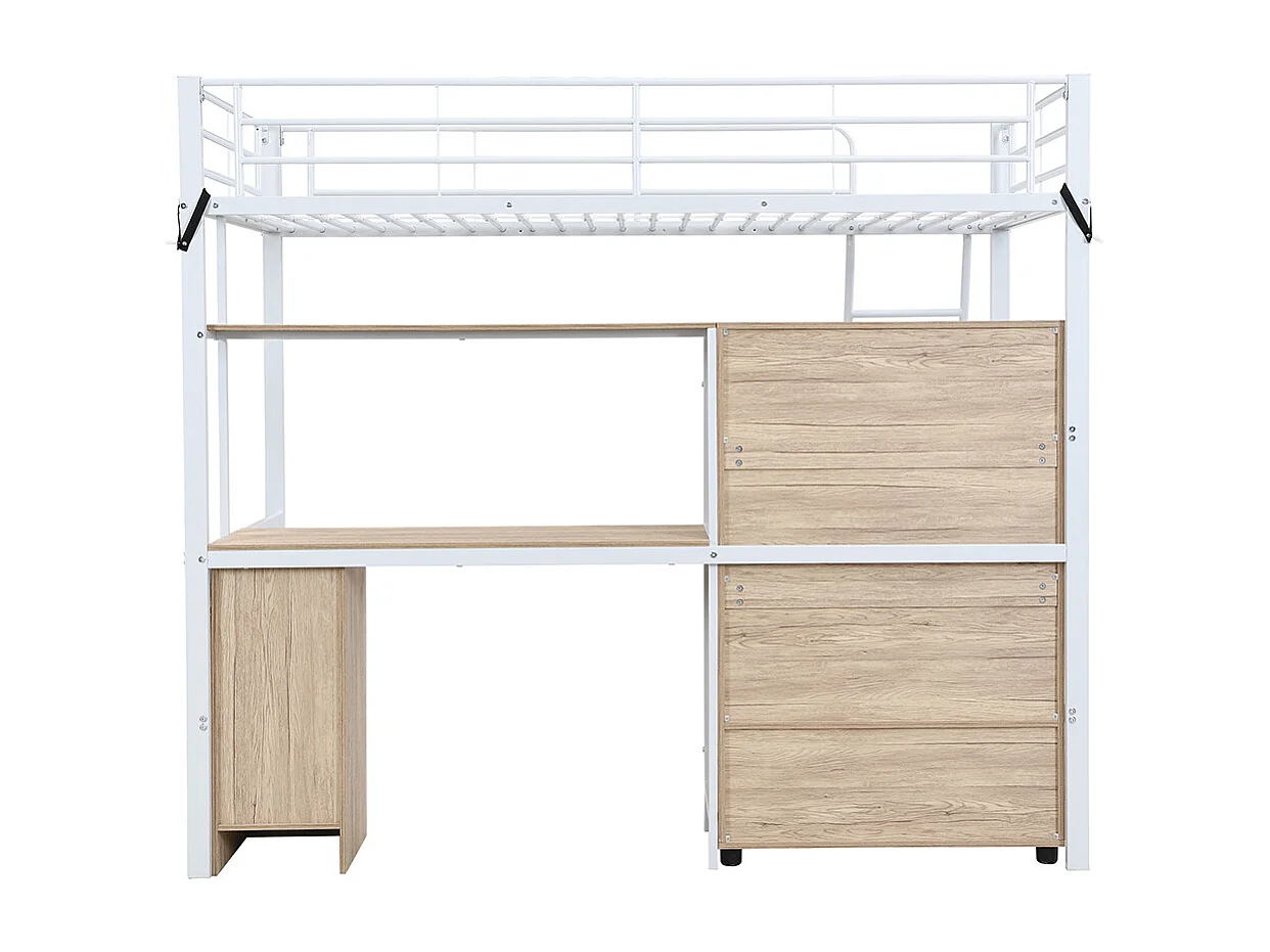 Lit en fer 90x200cm, avec table et armoire, nombreux rangements, fer+aggloméré, blanc+naturel,