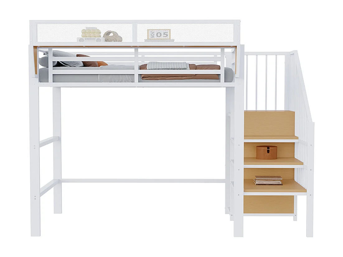 Lit mezzanine 90x200cm, avec échelle de sécurité et compartiment de rangement flexible, lit en métal lit adulte lit superposé pour enfants, blanc