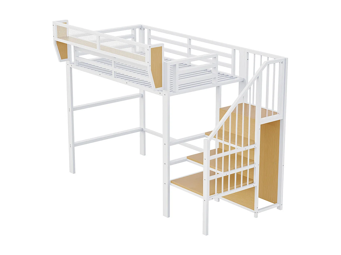 Lit mezzanine 90x200cm, avec échelle de sécurité et compartiment de rangement flexible, lit en métal lit adulte lit superposé pour enfants, blanc