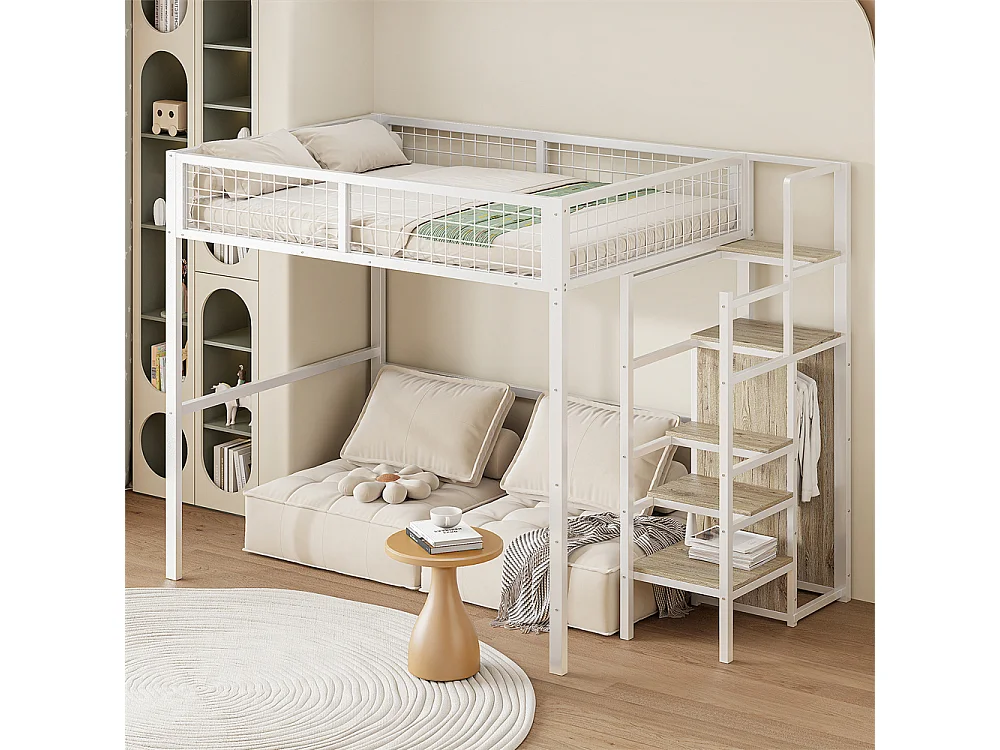 Lit mezzanine 140x200 avec échelle, lit enfant avec cadre en fer, armoire et étagère de rangement, métal, blanc