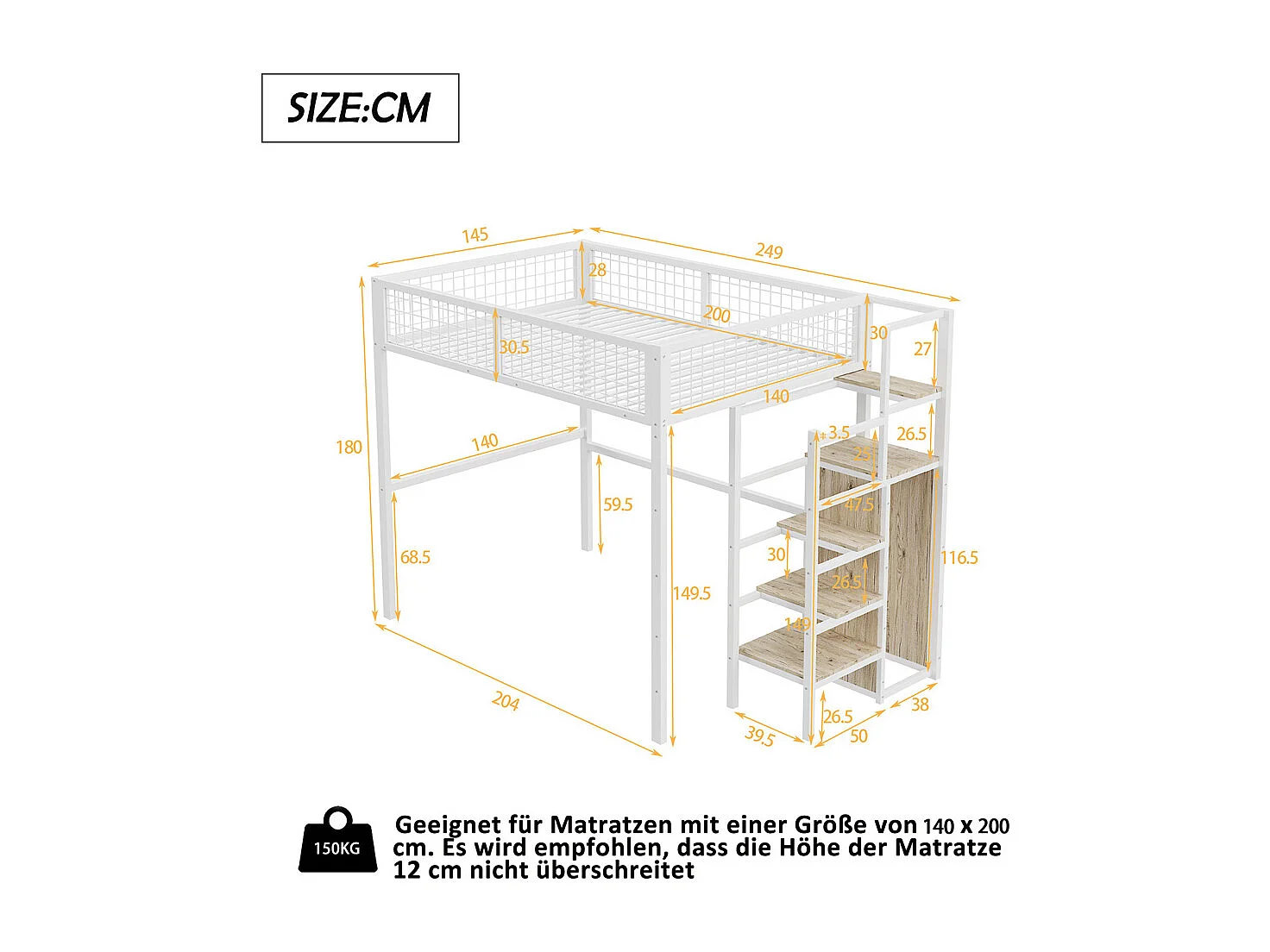 Lit mezzanine 140x200 avec échelle, lit enfant avec cadre en fer, armoire et étagère de rangement, métal, blanc