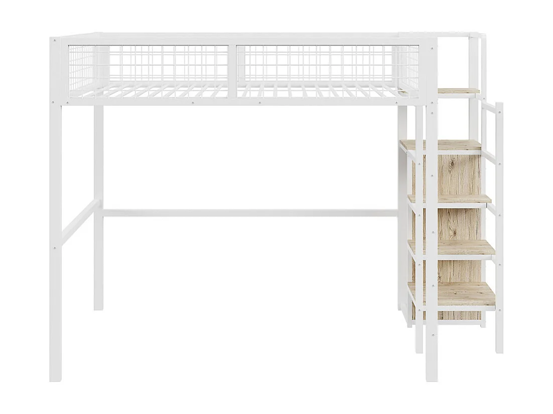 Lit mezzanine 140x200 avec échelle, lit enfant avec cadre en fer, armoire et étagère de rangement, métal, blanc