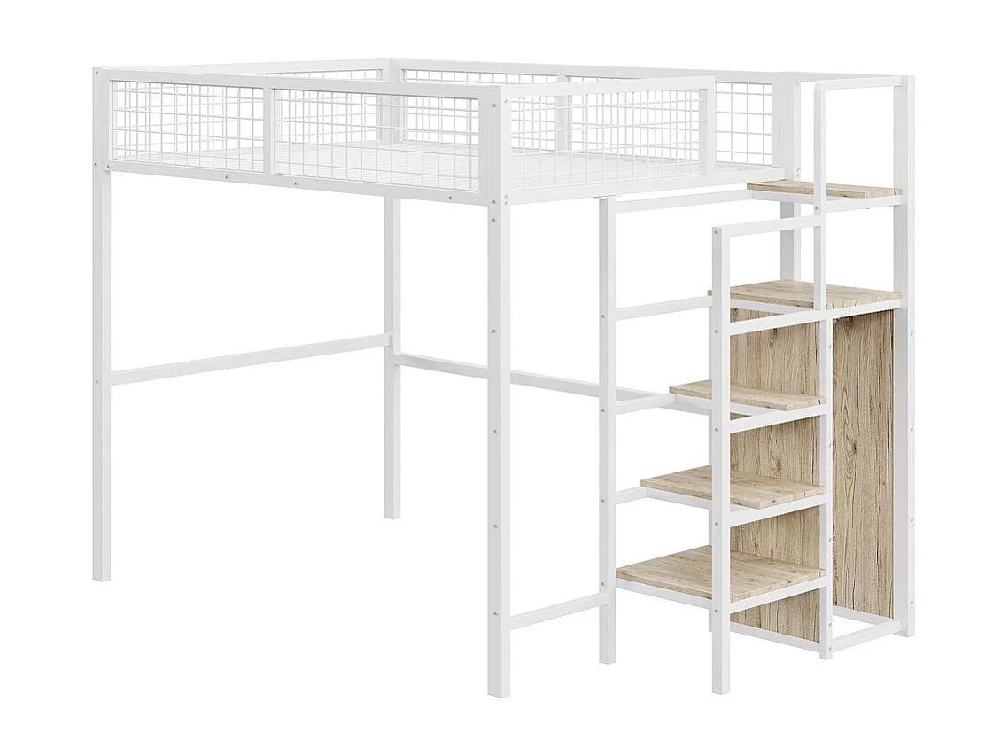 Lit mezzanine 140x200 avec échelle, lit enfant avec cadre en fer, armoire et étagère de rangement, métal, blanc