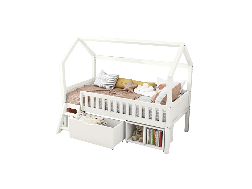 Lit cabane, lit enfant, lit adolescent 90x200cm, avec tiroirs, compartiments de rangement et barrière anti-chute, bois massif, blanc