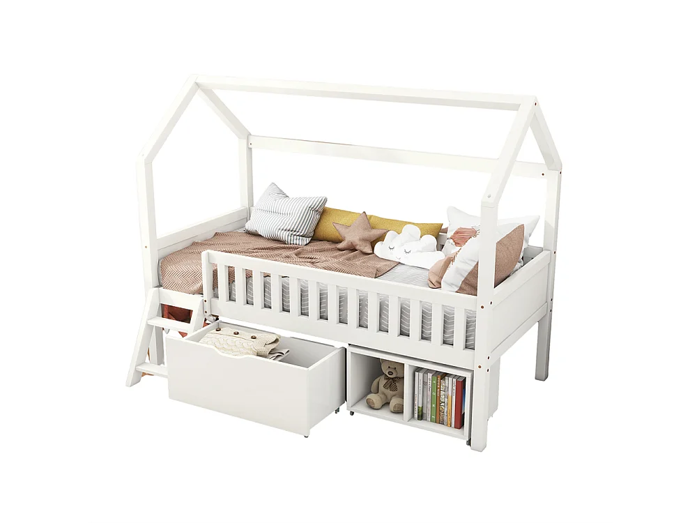 Lit cabane, lit enfant, lit adolescent 90x200cm, avec tiroirs, compartiments de rangement et barrière anti-chute, bois massif, blanc
