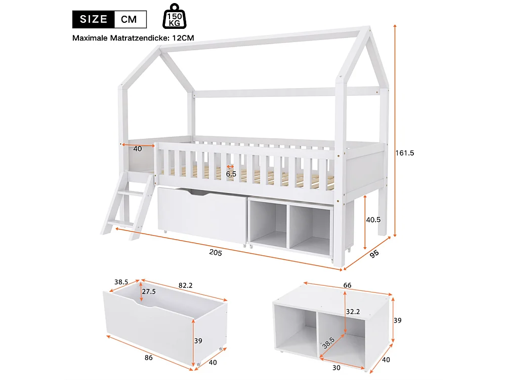 Lit cabane, lit enfant, lit adolescent 90x200cm, avec tiroirs, compartiments de rangement et barrière anti-chute, bois massif, blanc