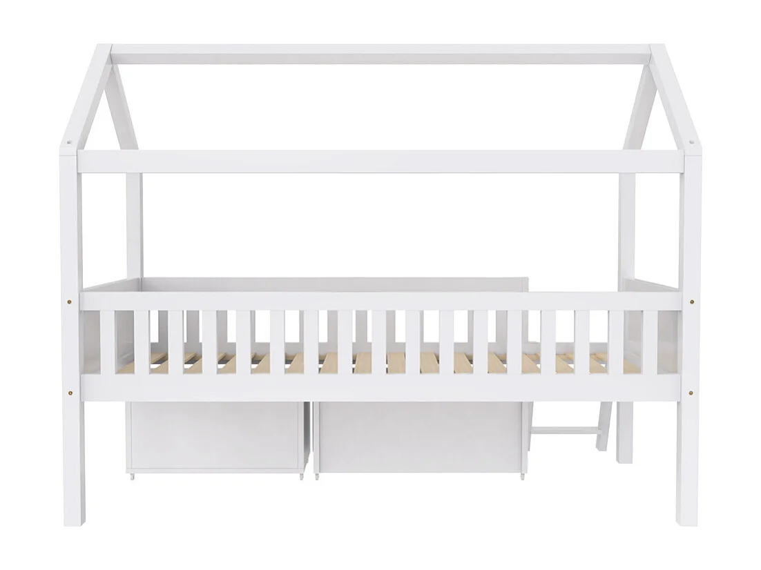 Lit cabane, lit enfant, lit adolescent 90x200cm, avec tiroirs, compartiments de rangement et barrière anti-chute, bois massif, blanc