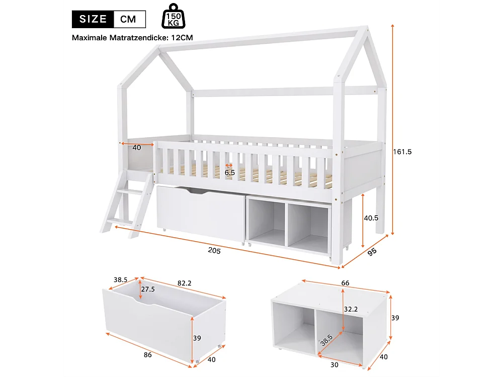 Lit cabane, lit enfant, lit adolescent 90x200cm, avec tiroirs, compartiments de rangement et barrière anti-chute, bois massif, blanc