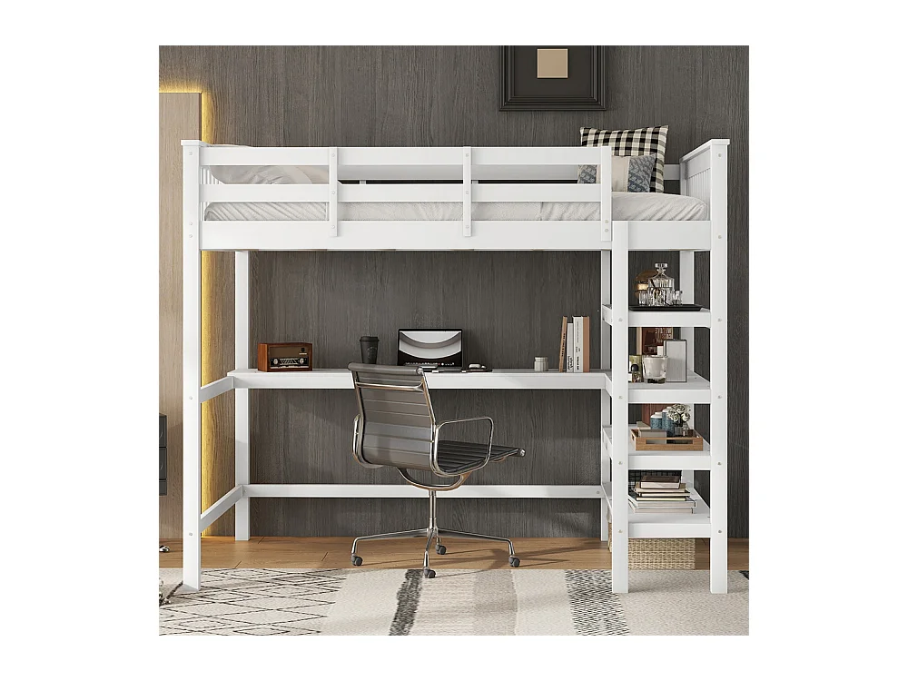 Lit jeune lit 140x200 cm lit simple avec compartiments de rangement et bureau sous le lit pin blanc
