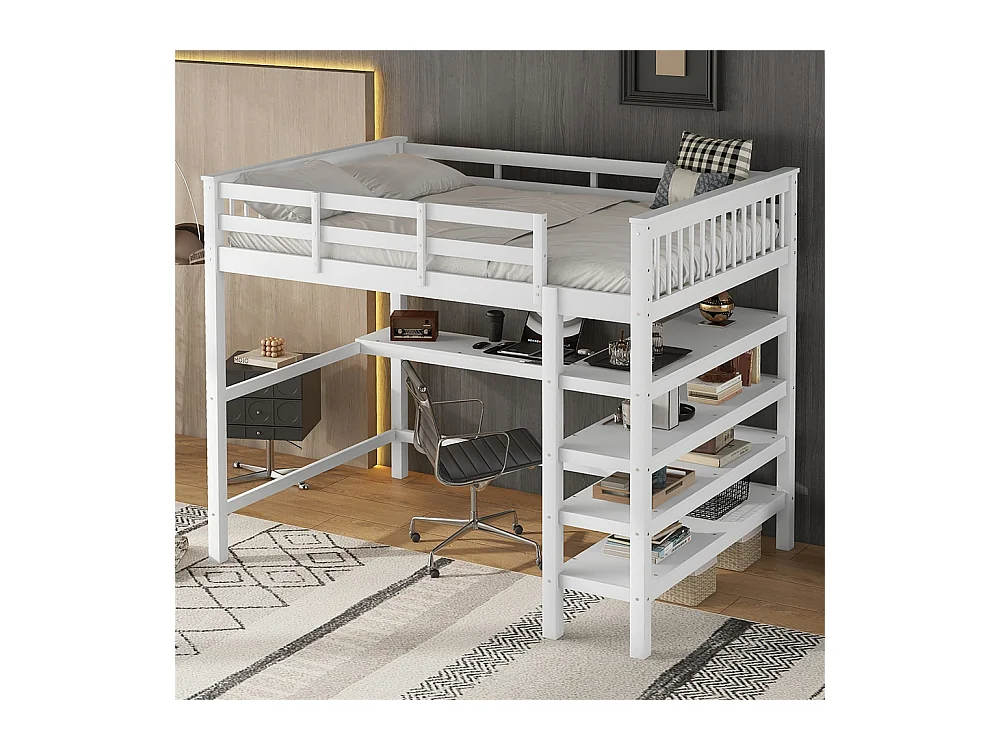 Lit jeune lit 140x200 cm lit simple avec compartiments de rangement et bureau sous le lit pin blanc