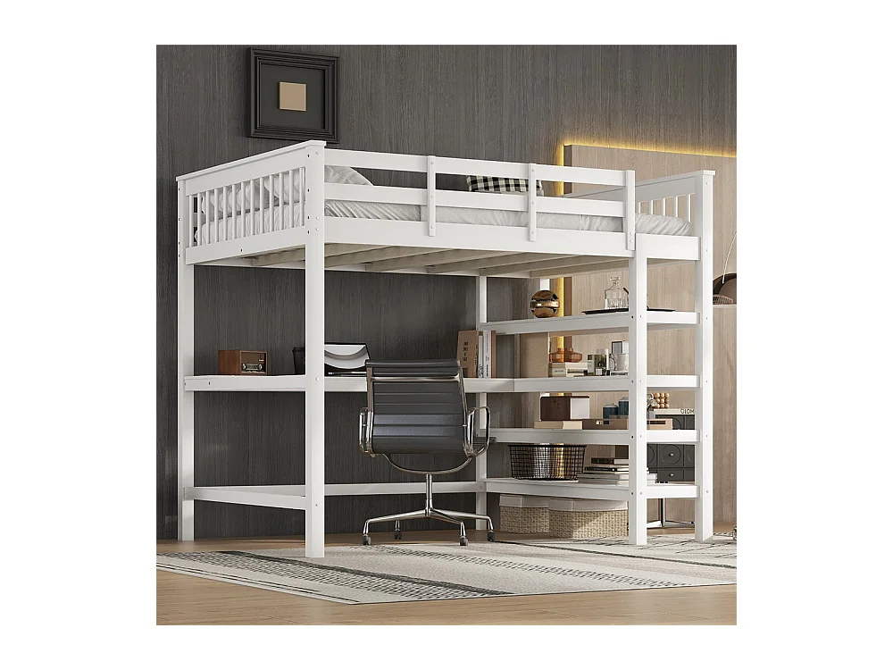 Lit jeune lit 140x200 cm lit simple avec compartiments de rangement et bureau sous le lit pin blanc