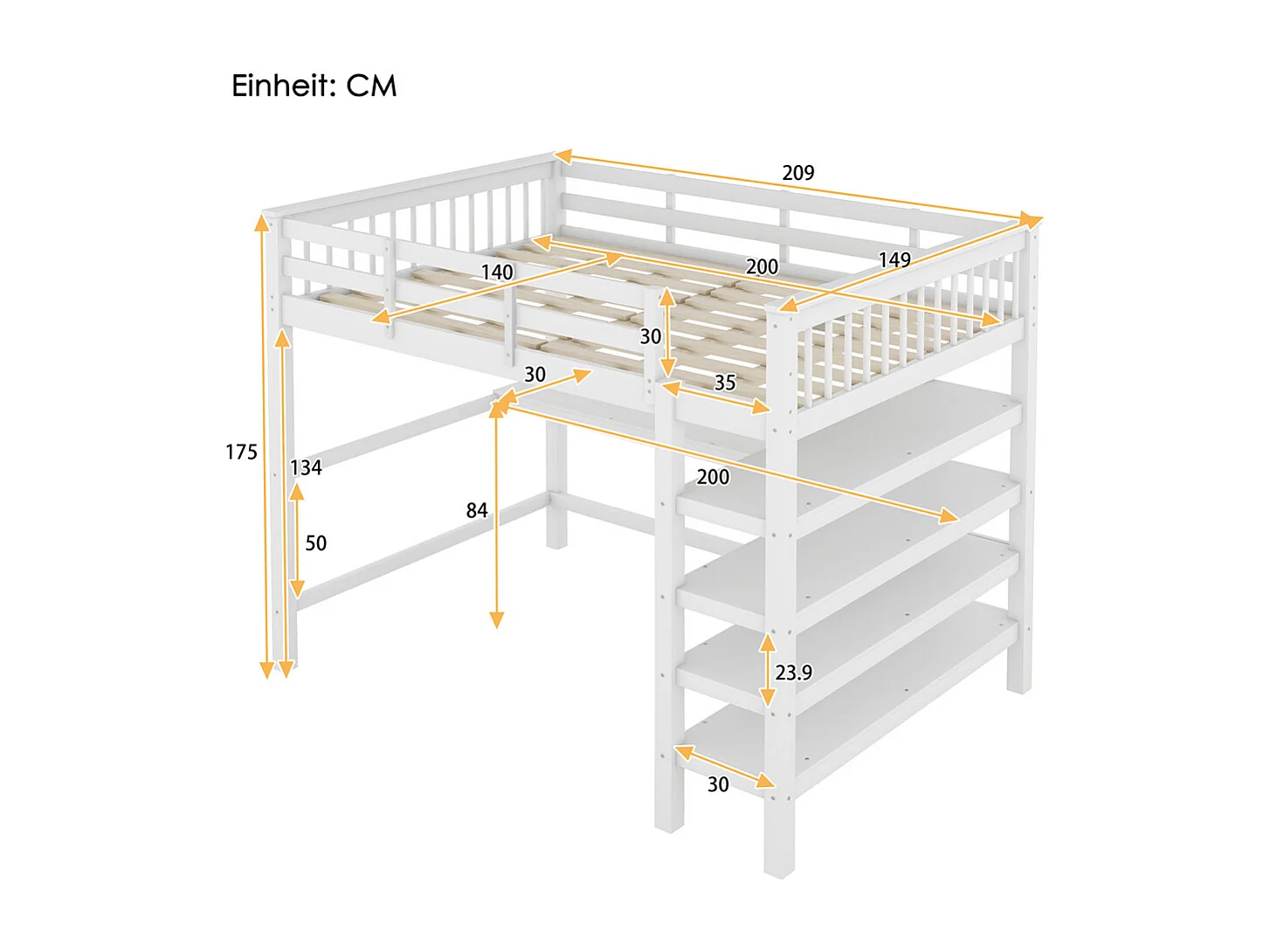 Lit jeune lit 140x200 cm lit simple avec compartiments de rangement et bureau sous le lit pin blanc