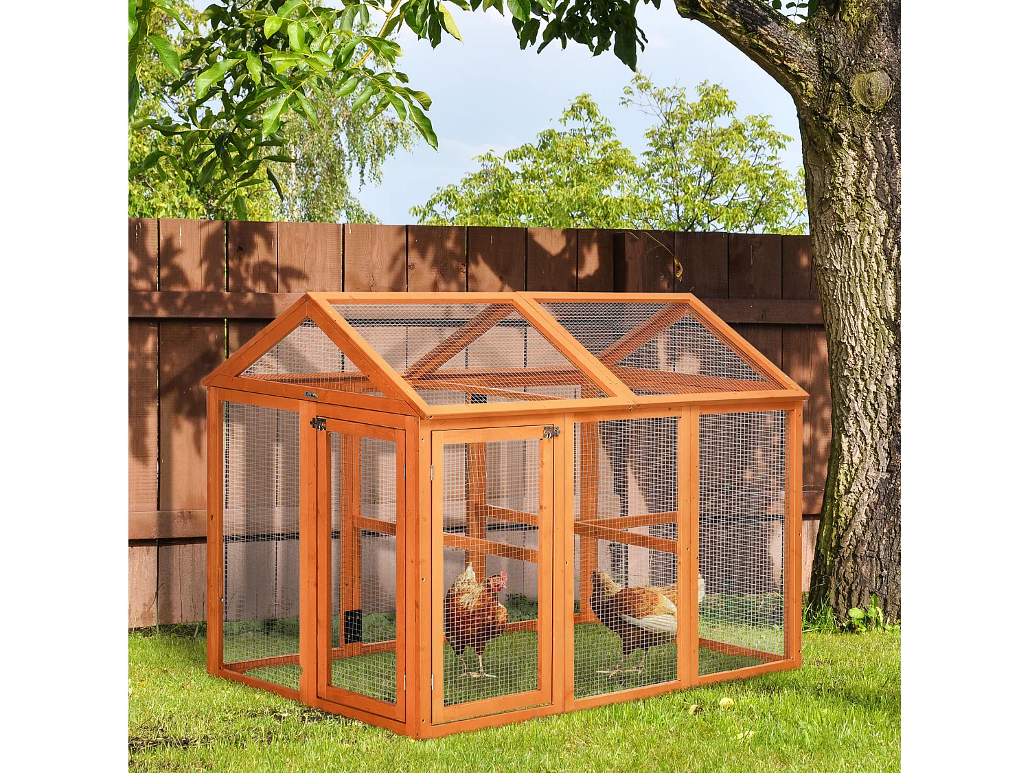 Gabbia per galline in legno con 2 porte e rete in metallo 140x88.5x106cm