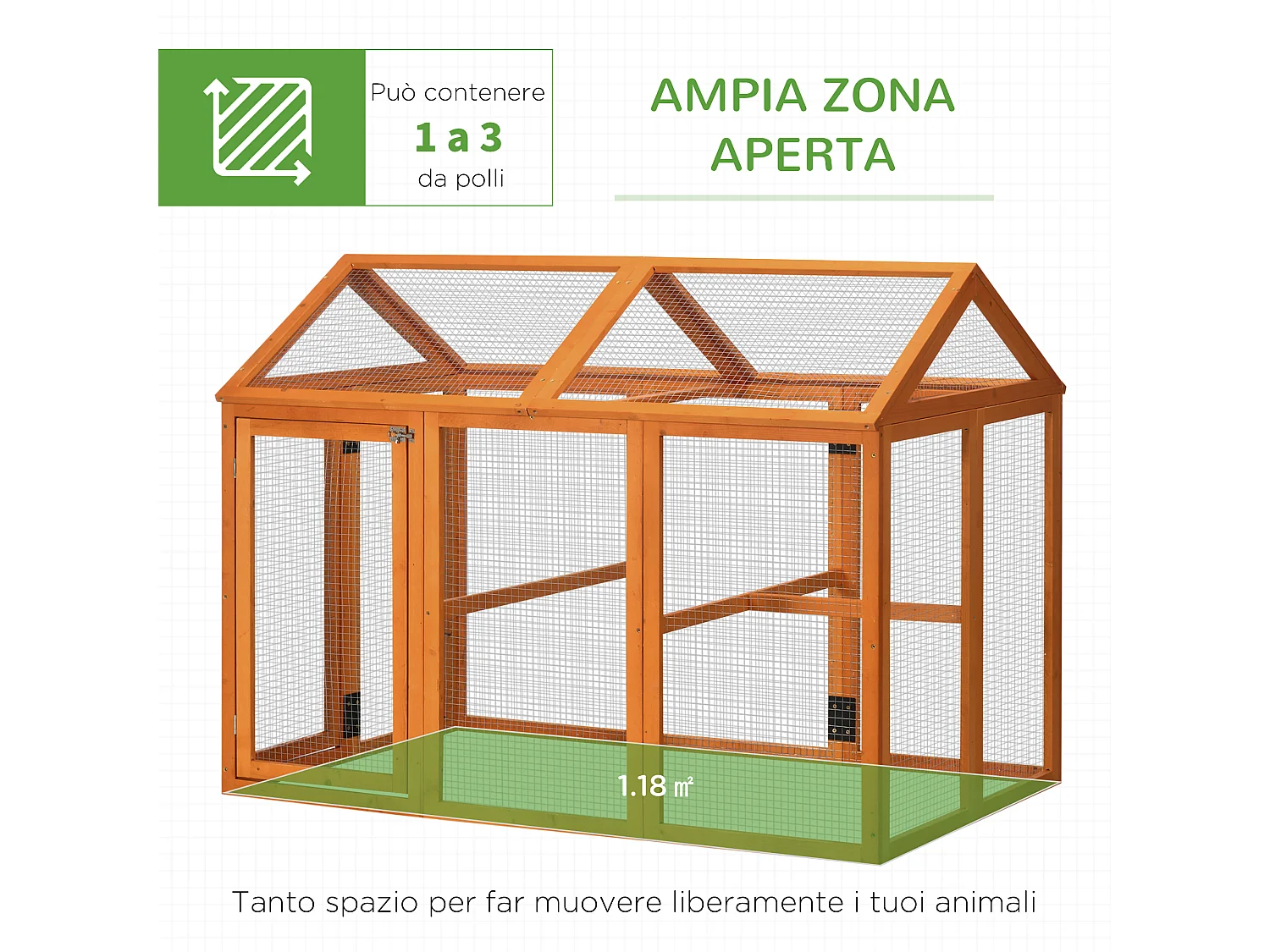 Gabbia per galline in legno con 2 porte e rete in metallo 140x88.5x106cm