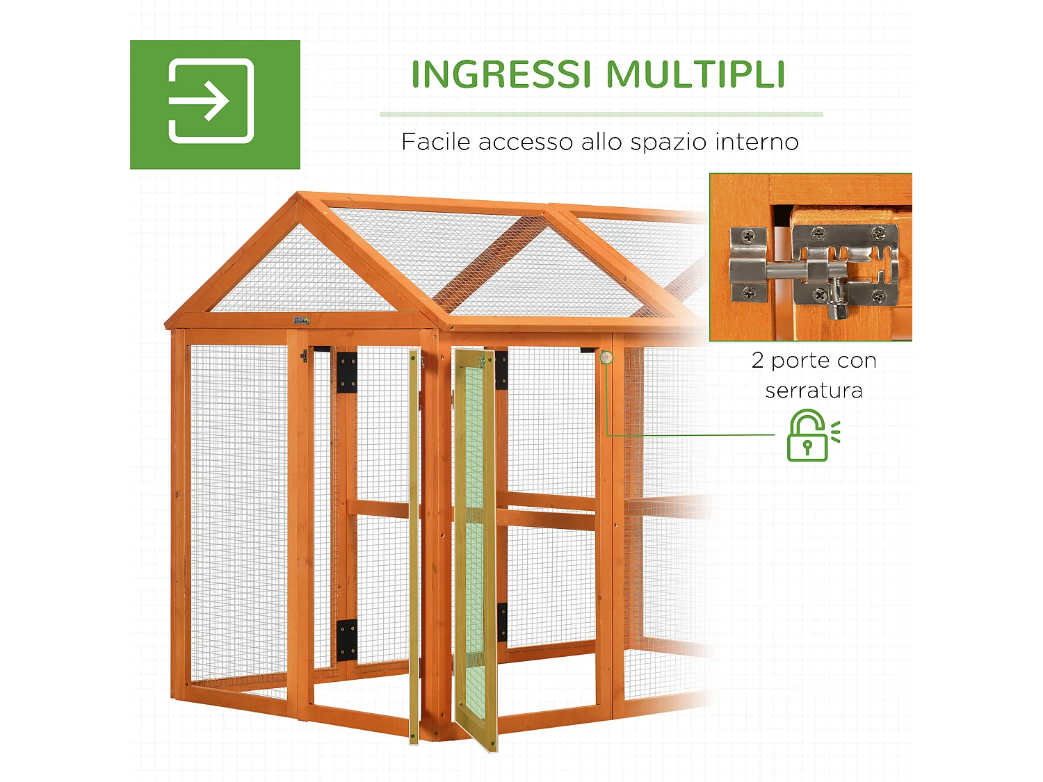 Gabbia per galline in legno con 2 porte e rete in metallo 140x88.5x106cm