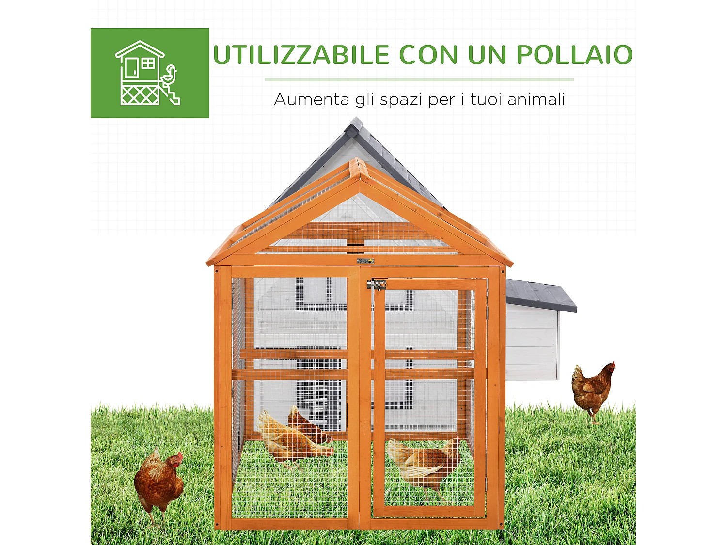 Gabbia per galline in legno con 2 porte e rete in metallo 140x88.5x106cm