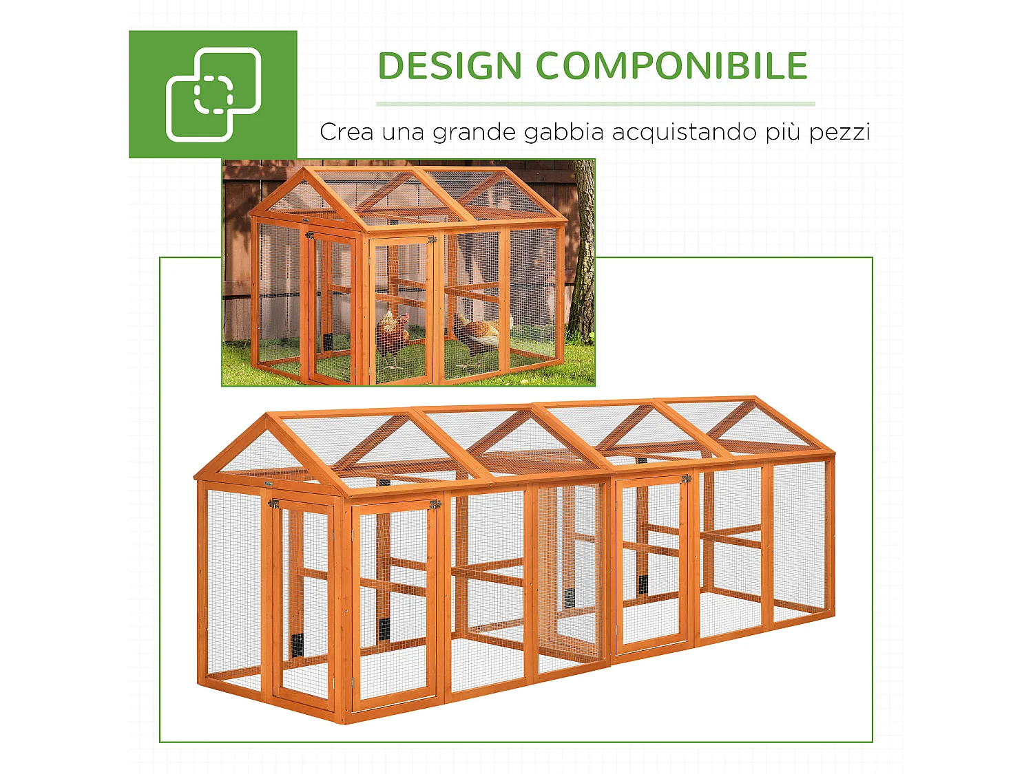 Gabbia per galline in legno con 2 porte e rete in metallo 140x88.5x106cm