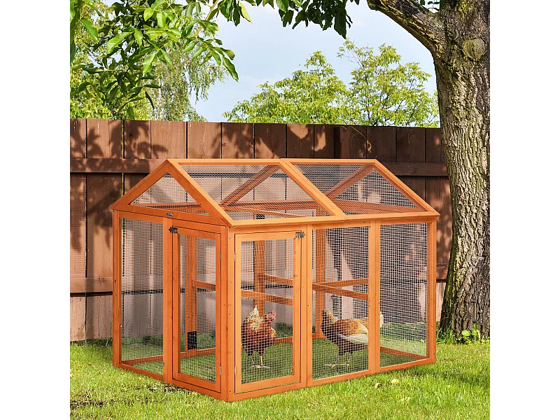 Gabbia per galline in legno con 2 porte e rete in metallo 140x88.5x106cm