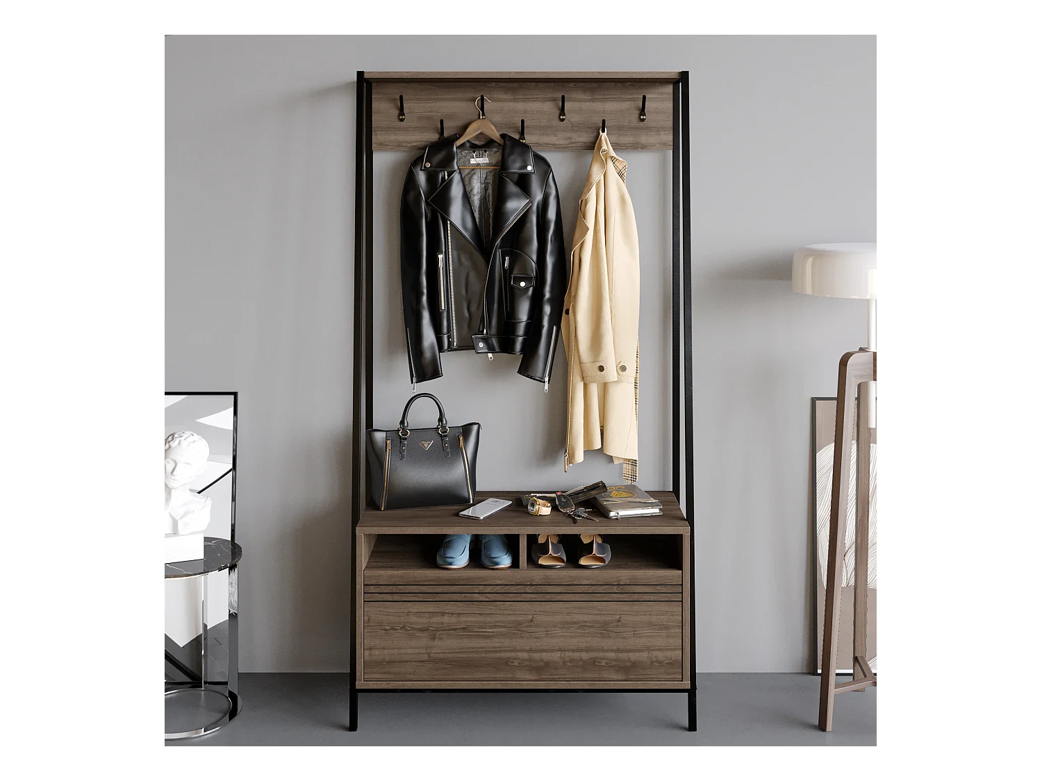Portemanteau d’entrée Devin 180 cm – 7 patères, placard et étagères ouvertes (Noyer et Noir)