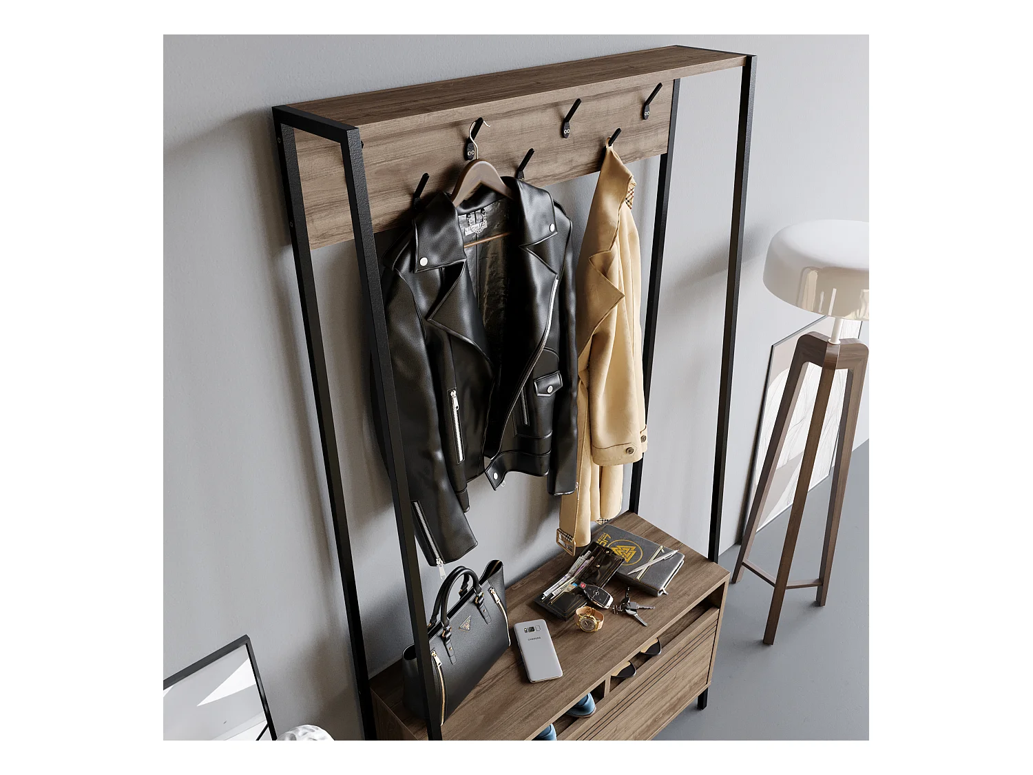 Portemanteau d’entrée Devin 180 cm – 7 patères, placard et étagères ouvertes (Noyer et Noir)