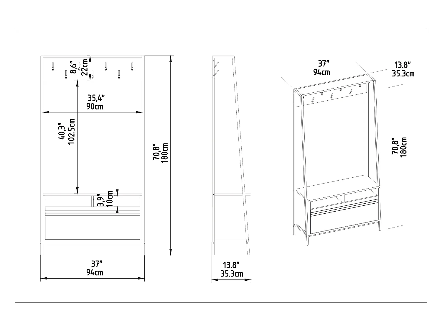 Portemanteau d’entrée Devin 180 cm – 7 patères, placard et étagères ouvertes (Noyer et Noir)