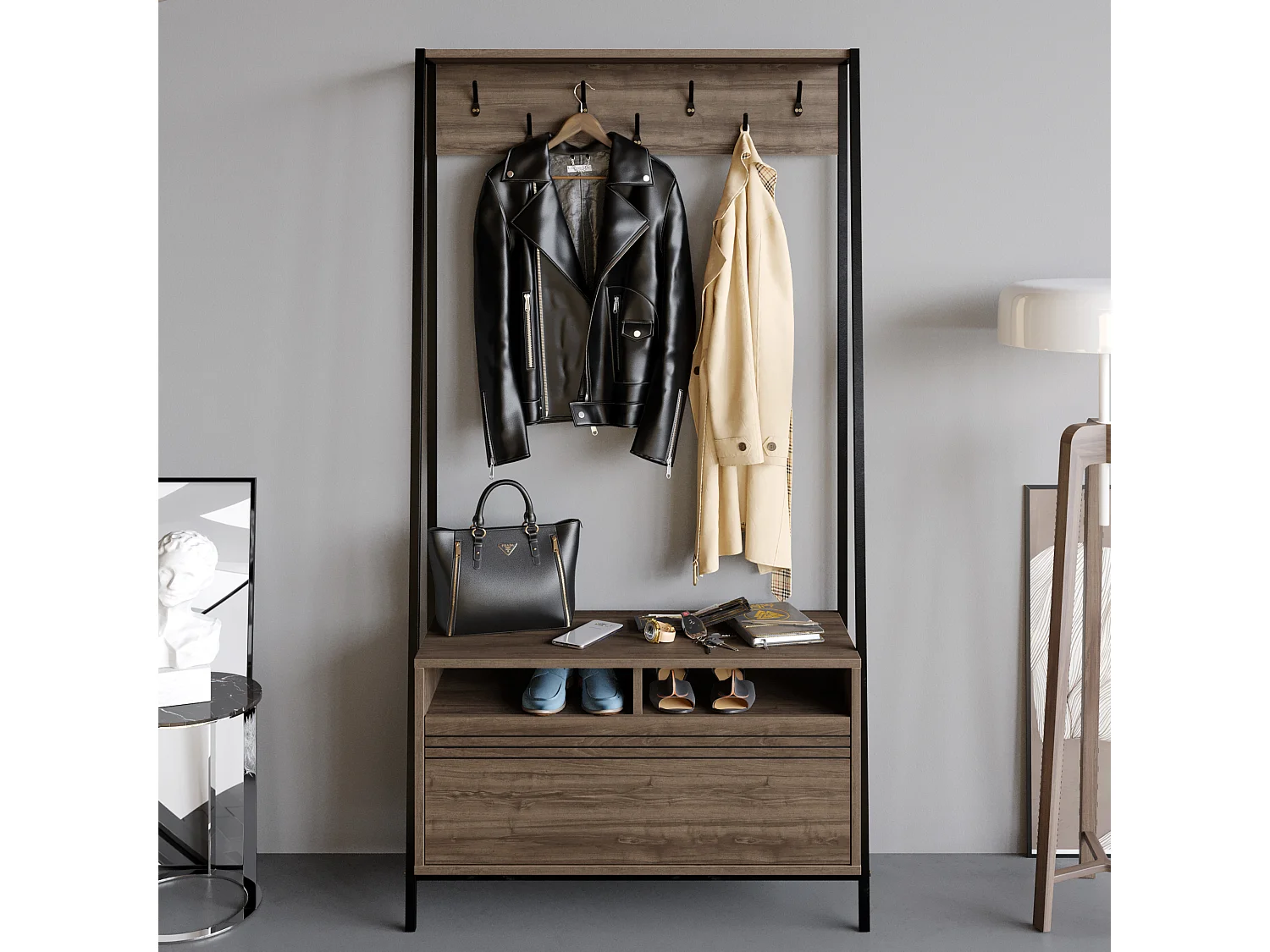 Portemanteau d’entrée Devin 180 cm – 7 patères, placard et étagères ouvertes (Noyer et Noir)