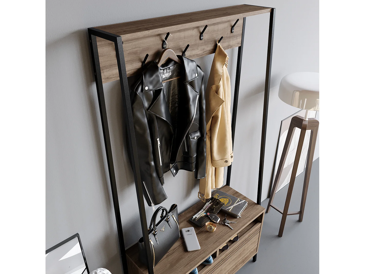 Portemanteau d’entrée Devin 180 cm – 7 patères, placard et étagères ouvertes (Noyer et Noir)