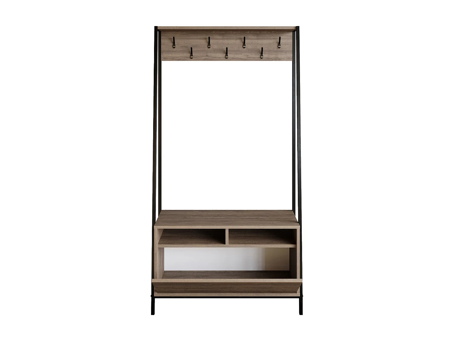 Portemanteau d’entrée Devin 180 cm – 7 patères, placard et étagères ouvertes (Noyer et Noir)