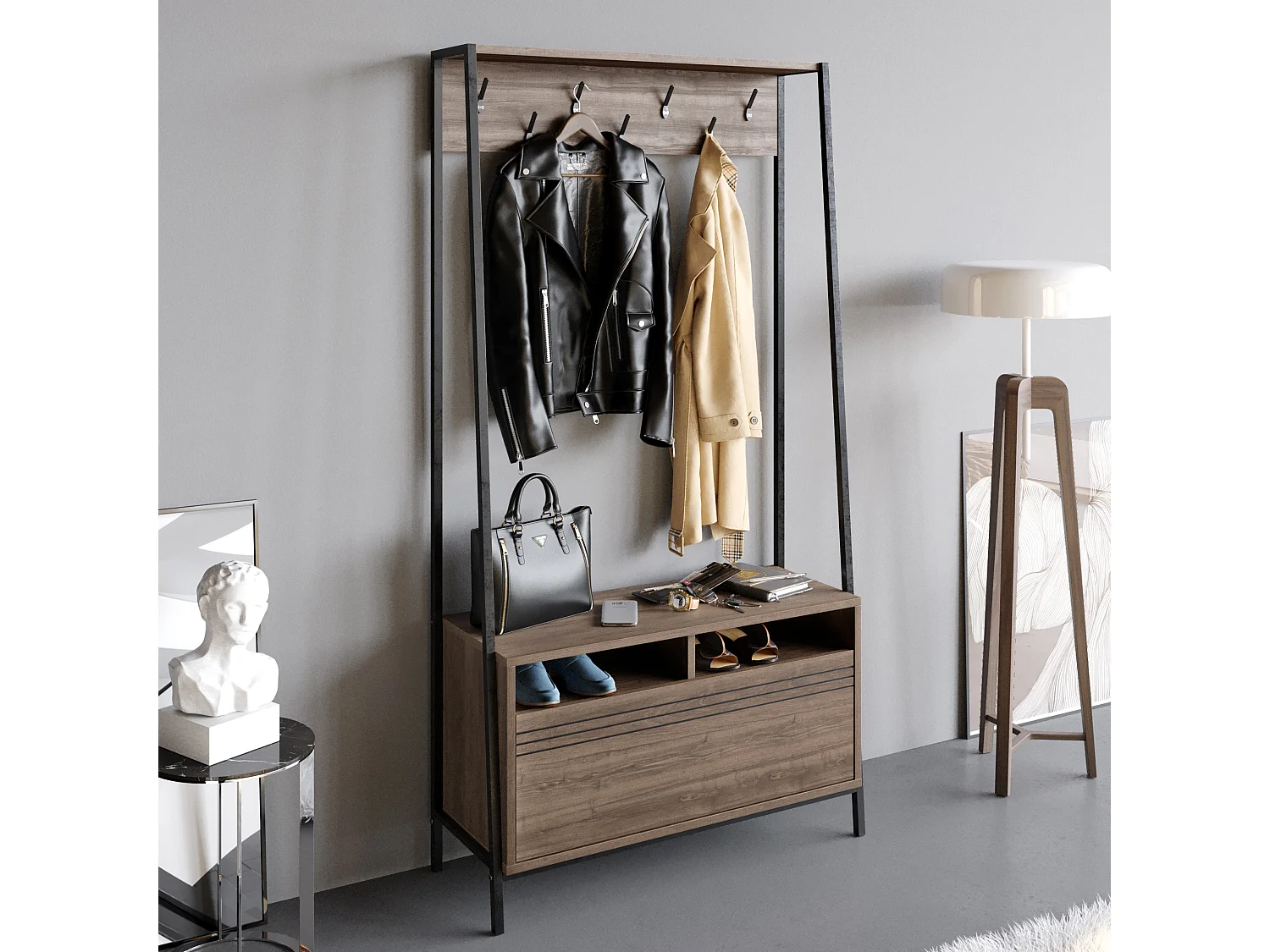 Decorotika Devin Hall Tree with Metal Frame and Storage - W 94 cm x H 180 cm x D 35 cm