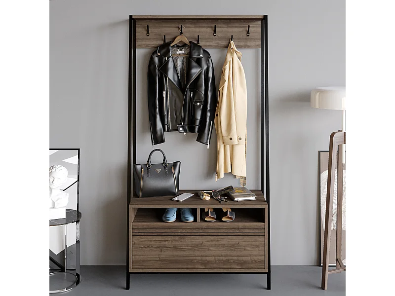 Portemanteau d’entrée Devin 180 cm – 7 patères, placard et étagères ouvertes (Noyer et Noir)