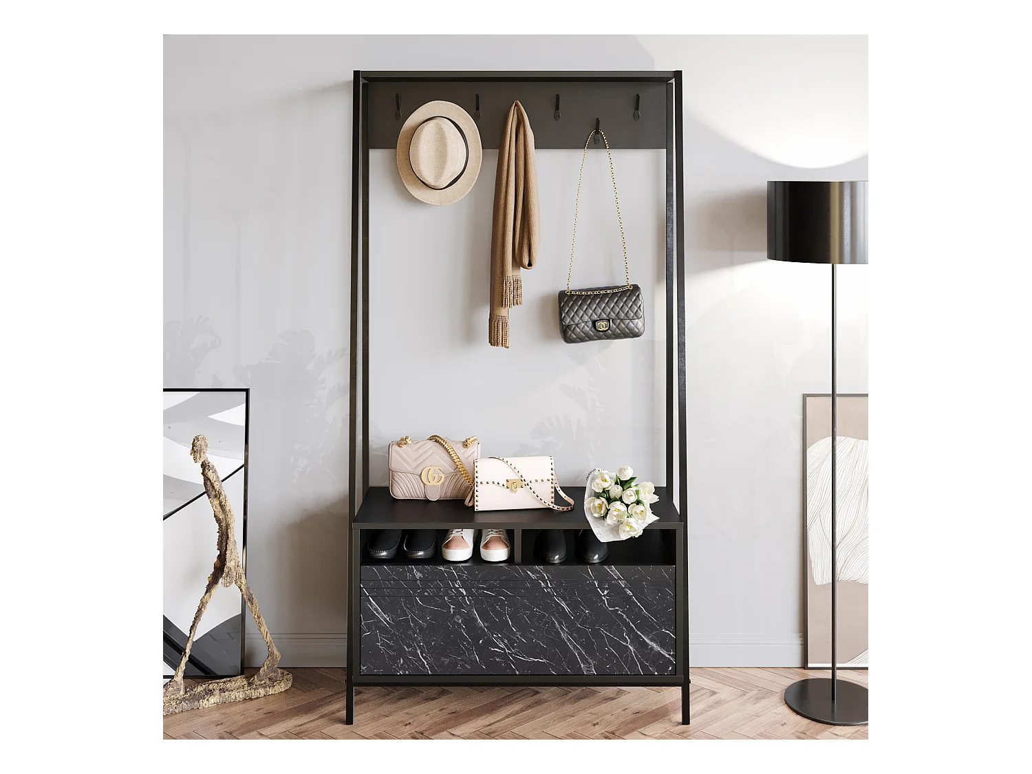 Portemanteau d’entrée Devin 180 cm – 7 patères, placard et étagères ouvertes (Effet marbre noir)