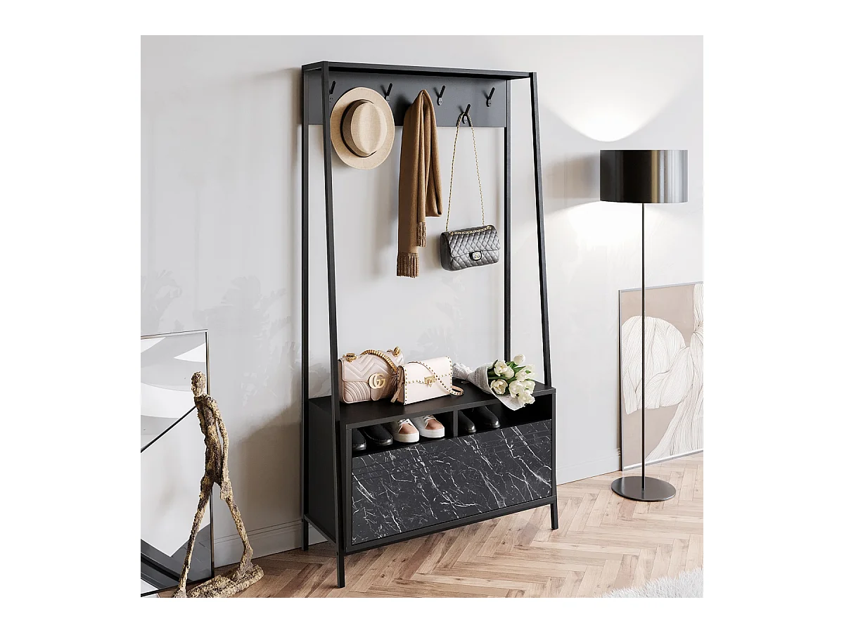 Portemanteau d’entrée Devin 180 cm – 7 patères, placard et étagères ouvertes (Effet marbre noir)