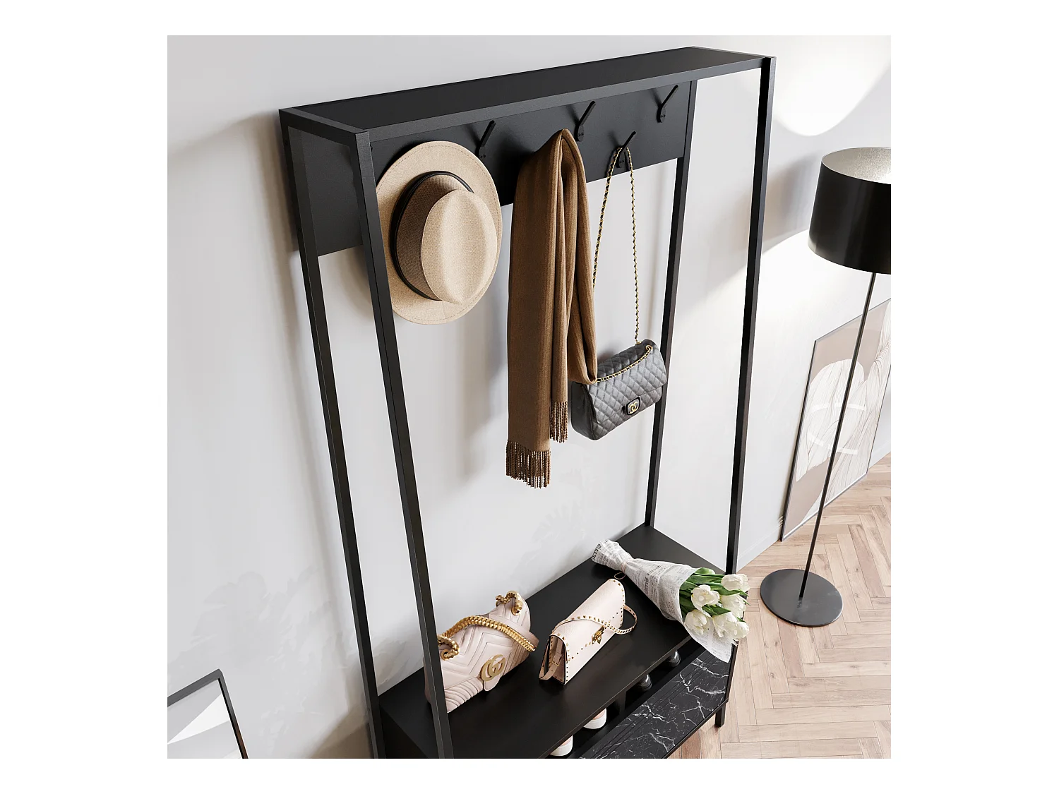Portemanteau d’entrée Devin 180 cm – 7 patères, placard et étagères ouvertes (Effet marbre noir)