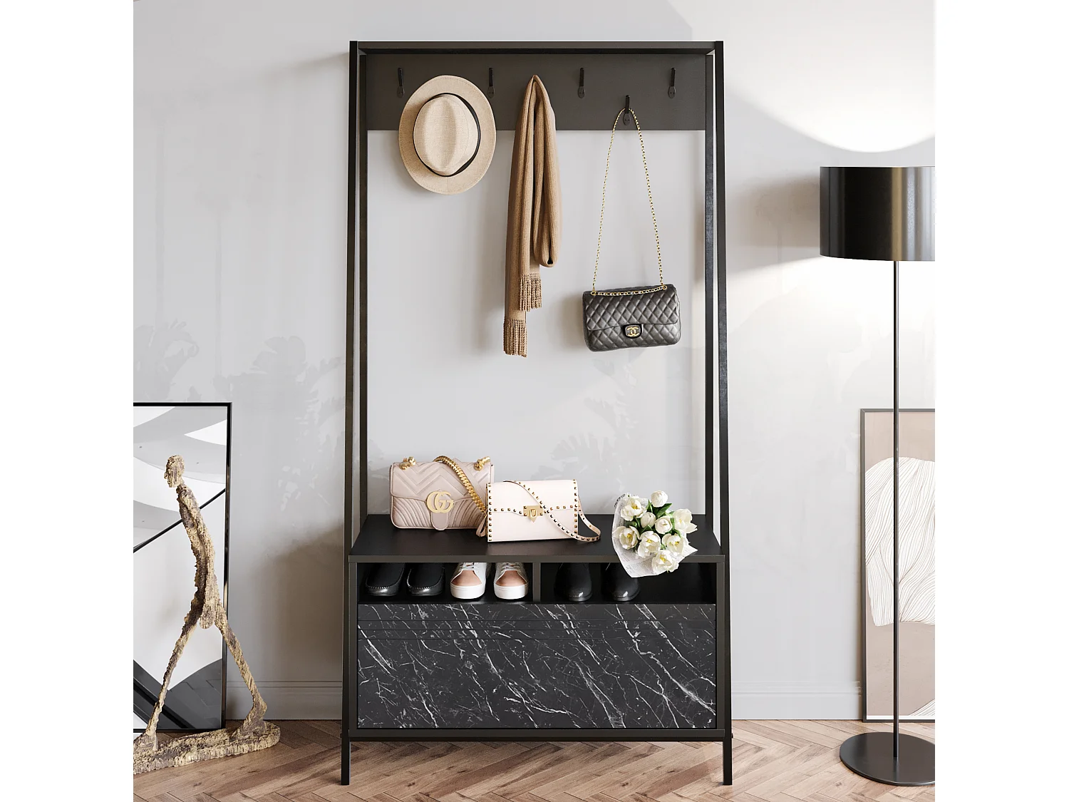 Portemanteau d’entrée Devin 180 cm – 7 patères, placard et étagères ouvertes (Effet marbre noir)