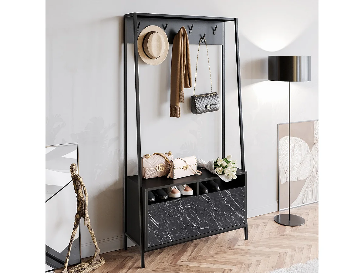 Portemanteau d’entrée Devin 180 cm – 7 patères, placard et étagères ouvertes (Effet marbre noir)