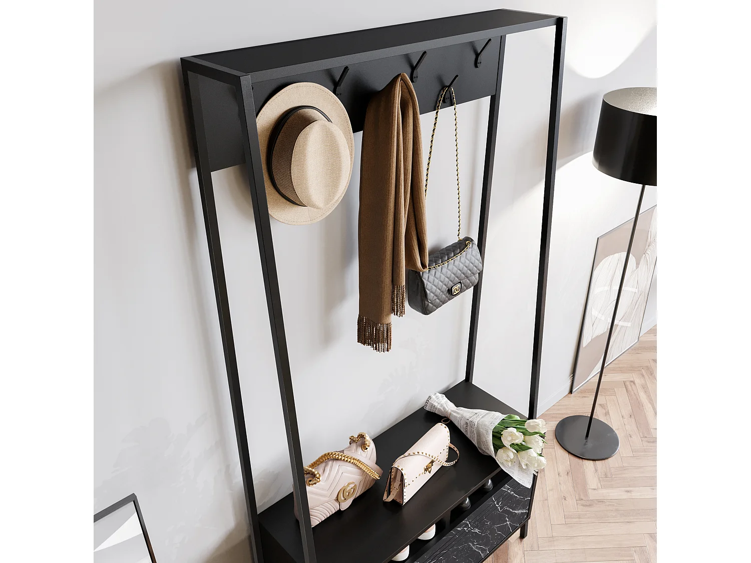 Portemanteau d’entrée Devin 180 cm – 7 patères, placard et étagères ouvertes (Effet marbre noir)