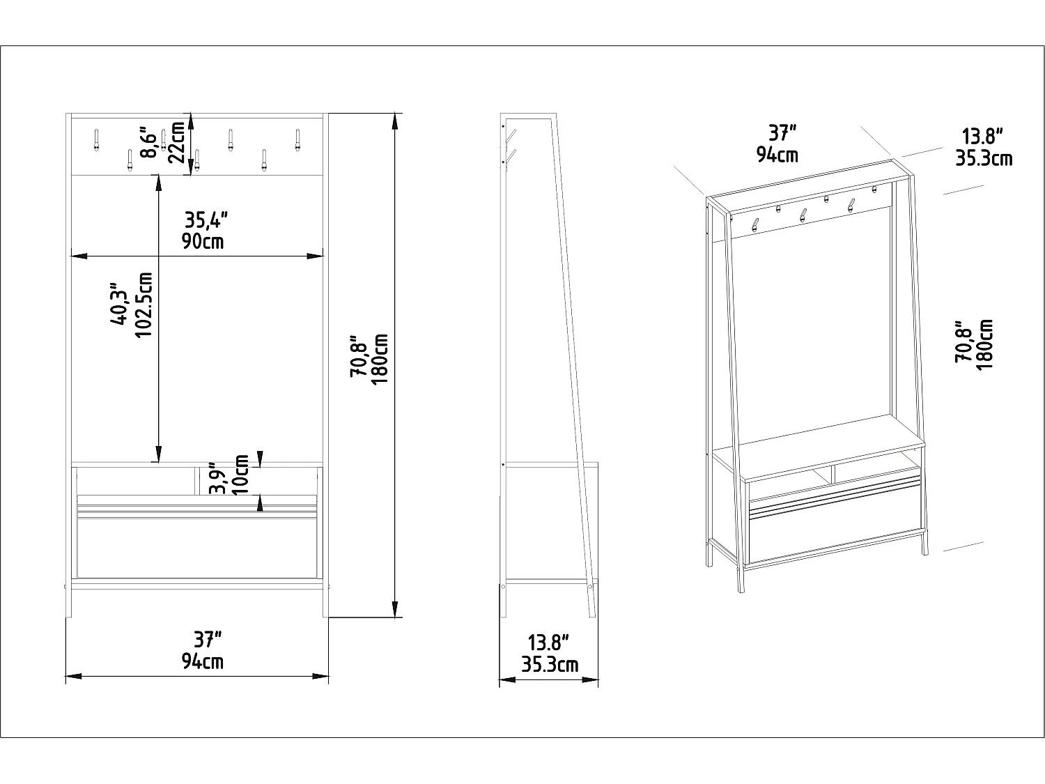 Portemanteau d’entrée Devin 180 cm – 7 patères, placard et étagères ouvertes (Effet marbre noir)