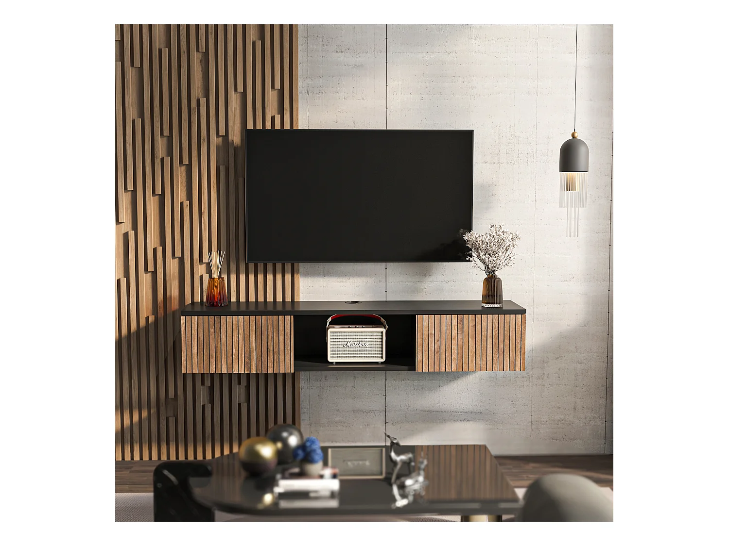 Meuble TV Mural Elia Flottant 140 Cm - Armoires - Passe-cable (noir Et Effet Alina)