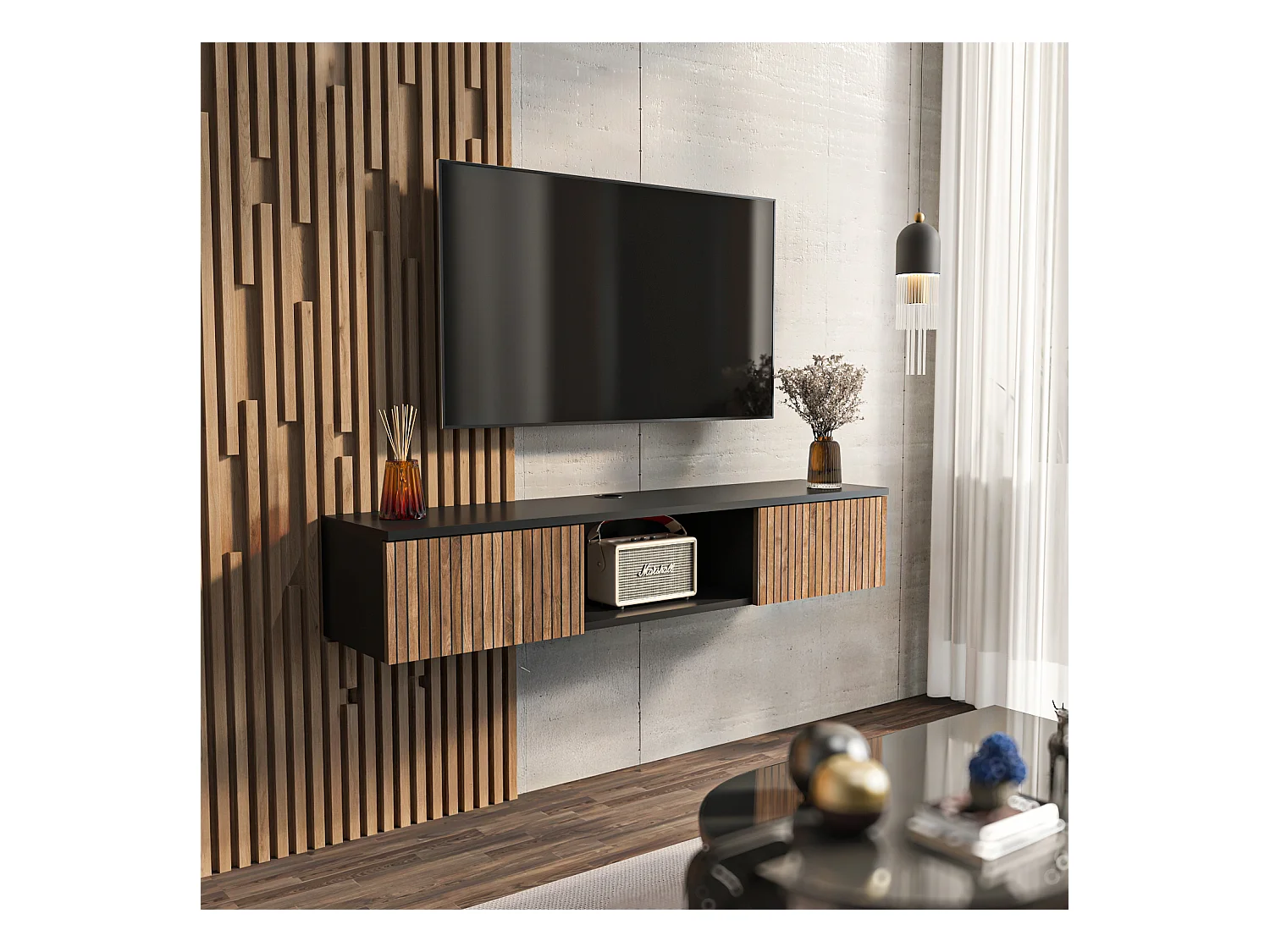 Meuble TV Mural Elia Flottant 140 Cm - Armoires - Passe-cable (noir Et Effet Alina)