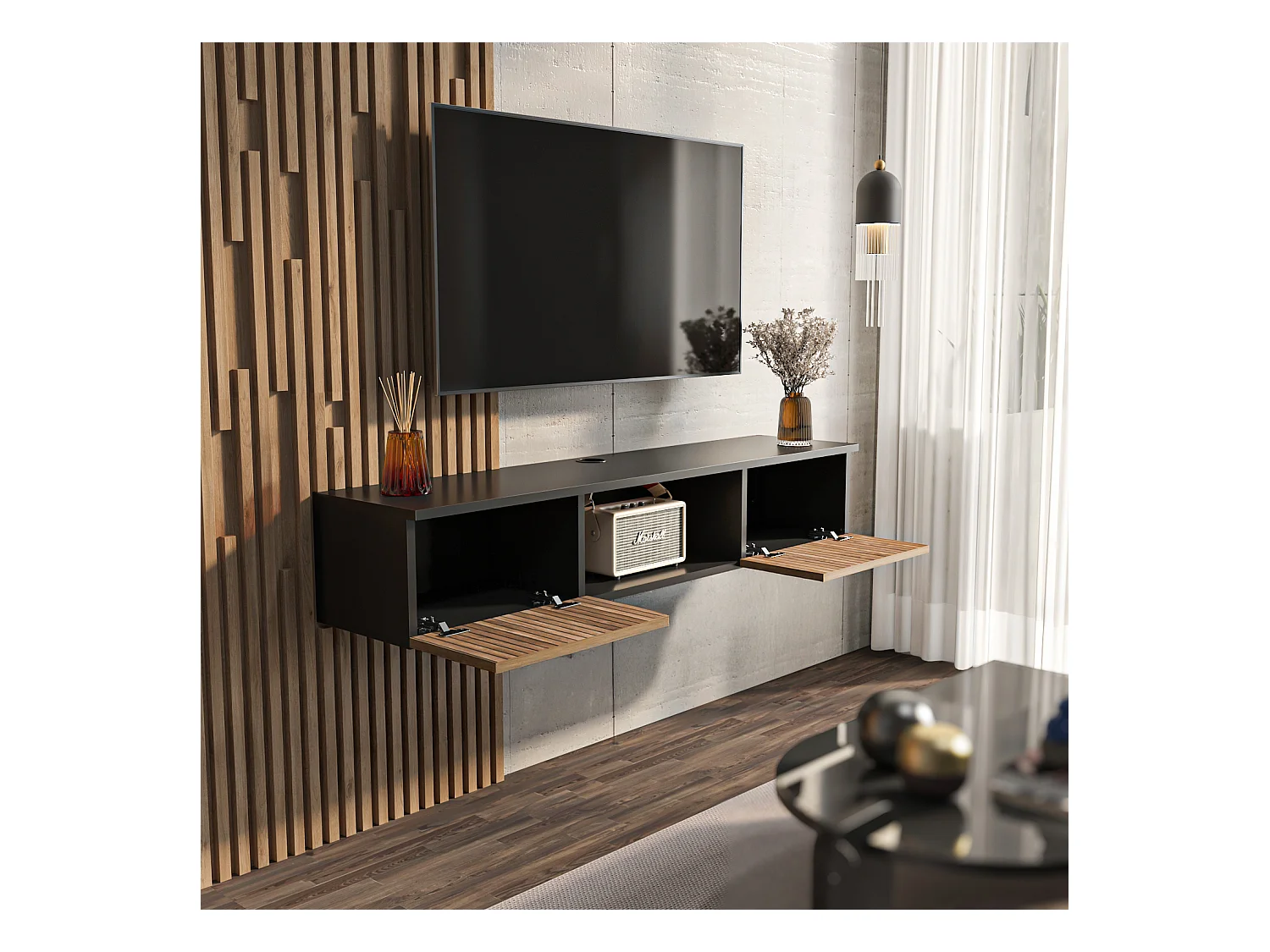 Meuble TV Mural Elia Flottant 140 Cm - Armoires - Passe-cable (noir Et Effet Alina)