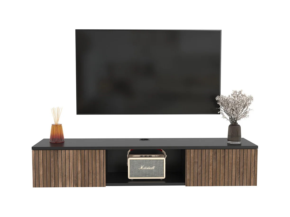 Meuble TV Mural Elia Flottant 140 Cm - Armoires - Passe-cable (noir Et Effet Alina)
