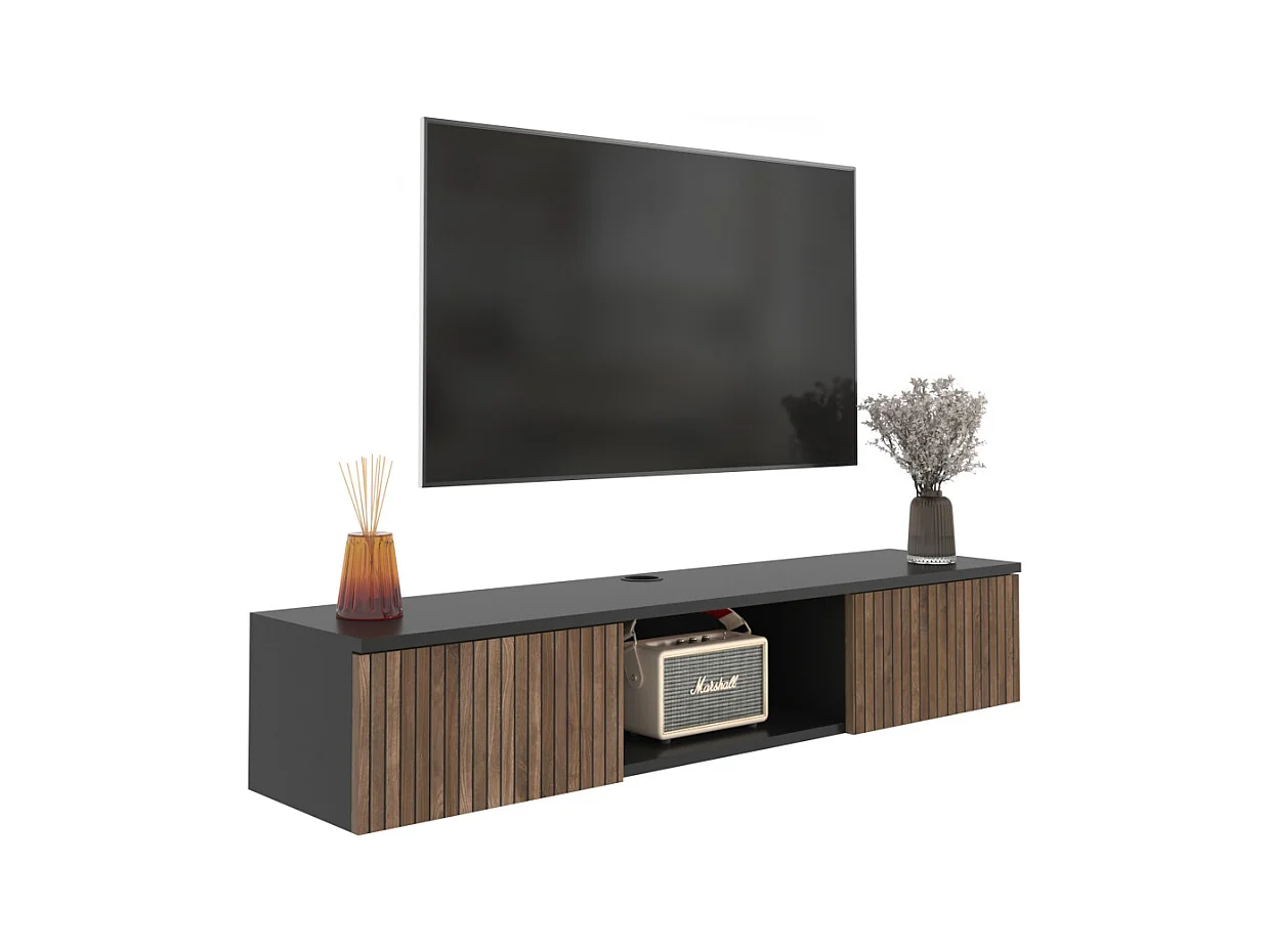 Meuble TV Mural Elia Flottant 140 Cm - Armoires - Passe-cable (noir Et Effet Alina)